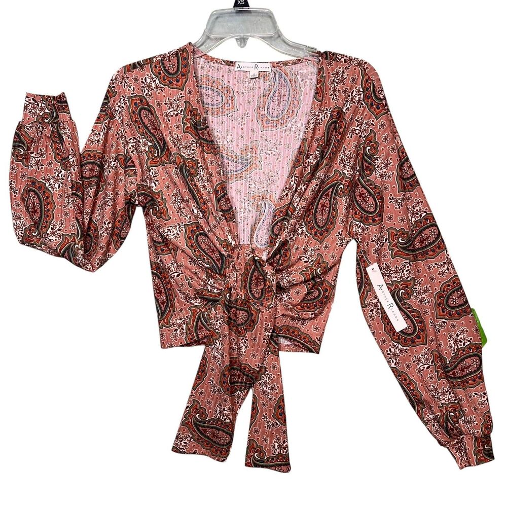 Another Reason Blouse Womens Medium Paisley Tie Front Long Sleeve Boho NWT